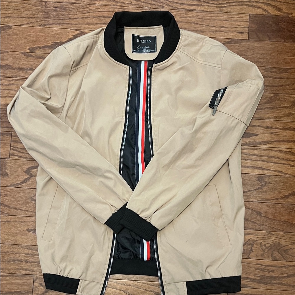 SHEIN Beige Bomber Jacket with Black Trim